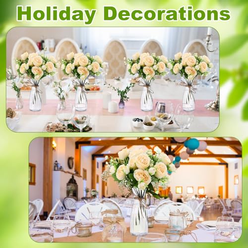 Thiccywoov 19 Pack Artificial Peony Flowers with Vase Bulk, 12 Bundles Faux Peony Bouquet 6 Vase with 1 Rope Silk Flower Arrangement Wedding Table Centerpiece for Wedding Bridal Shower(Champagne) - color: Champagne