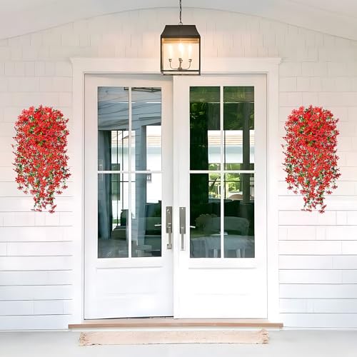 Hrobek 2 PCS Artificial Hanging Flowers Outdoor Spring Summer Decoration, Fake Hanging Vine Plants UV Resistant, Faux Daisy Flower Eucalyptus for Outside Home Indoor Porch - color: B-red
