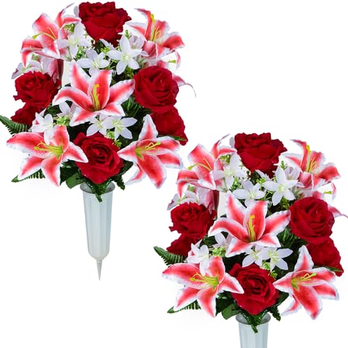 XONOR Artificial Cemetery Flower for Graves, Cemetery Memorial Flowers with Vase for Gravesite Outdoor Tombstone Decorations, Lily Rose Flowers Bouquets (Red Lily, 2 Bouquets) - color: Red