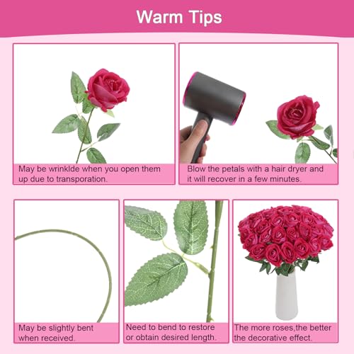 50Pcs Pink Roses Artificial Flowers Fake Rose Faux Velvet Silk Flowers for Home Wedding Decoration (Pearl Roses - Hot Pink) - color: Pearl Roses - Pink Hot 50p