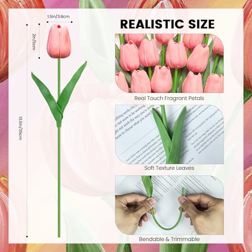 30 PCS Artificial Tulips Real Touch Tulips 13.5inch Long Stem Fake Flowers Silk Flowers for Spring Easter Mother's Day Decorations（Candy Pink） - color: Candy Pink