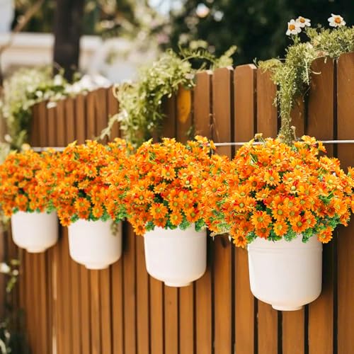 10pcs Outdoors Artificial Mum Flowers UV Resistant Daisy Fake Silk Chrysanthemum Greenery Faux Eucalyptus Plants for Spring Summer Garden Patio Window Box Planter Home Decor(Orange) - color: Orange