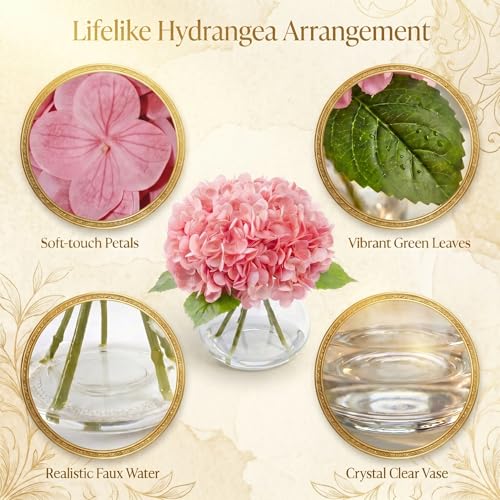 Hydrangea Artificial Flowers with Vase, Real Touch Latex Fake Hydrangeas Spring Stem Leaves Bouquet with Faux Water, Realistic Faux Flower for Home Office Bedroom Table Centerpiece Decor Pink - color: Pink