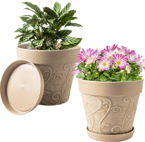 Melphoe Plant Pots Indoor with Drainage & Saucer, 2Pack 10 inch Flower Pots Outdoor Planters for Indoor Plants Garden Home Decor Cactus Succulent, Rigid Plastic (Imitation-Terracotta) Vine-Embossed - color: Undecorated Pottery Color, size: 10''