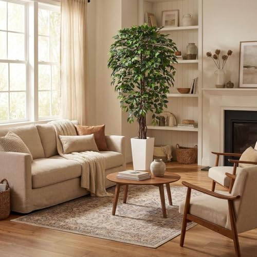 Aveyas 6ft Artificial Ficus Tree for Home Decor with White Pot, 6 Feet Faux Plant Fake Silk Trees for Indoor Outdoor House Living Room Office Garden (6 ft Tall Including Raised Pot) - color: Ficus Tree (6ft)