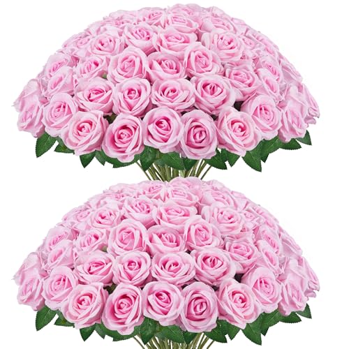InnoGear 50 Pcs Pink Roses Artificial Flowers, Fake Velvet Silk Rose Bulk Faux Flower for Decoration DIY Wedding Centerpieces Proposal Bridal Bouquets Shower Party Home Floral Decor (50, Pink) - color: Pink