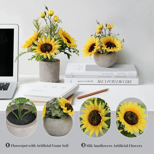Leftover Sunflower Artificial Flowers Pot,Sunflower Decor,Flower Centerpieces for Tables,Fake Flowers in Vase for Summer Decor, Yellow Decor - size: 7.48''+11.4''(Sunflower pot)