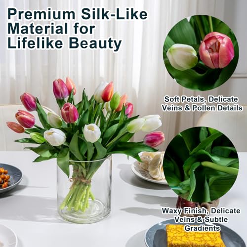 Bailikang 20PCS Fake Tulips Artificial Tulip Silk Flowers Fake PU Bouquet Artificial Flowers Faux Flowers with Gift Box Soft Faux Tulips Bouquets Arrangements for Party Wedding Home - color: White+light Red