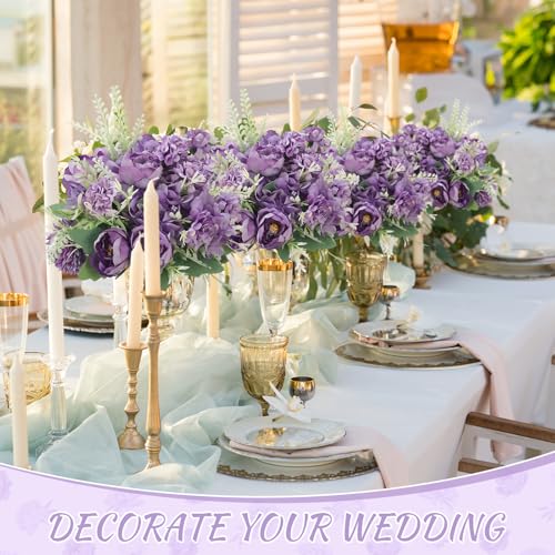 Lyrow 8 Pcs Peony Artificial Flowers Fake Silk Hydrangea Bouquet Elegant Peony Flowers for Wedding Decoration Faux Realistic Floral for Home Party Table Centerpieces Arrangement (Purple) - color: Purple