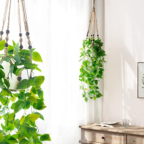 Mkono Fake Hanging Plant with Pot, Artificial Plants for Home Spring Decor Indoor Macrame Plant Hanger with Faux Vine Hanging Planter Greenery for Bedroom Bathroom Kitchen Office, Brown (Pothos) - color: Brown