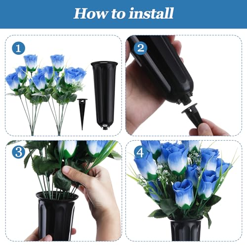 Tigeen 6 Sets Father's Day Cemetery Flowers with Grave Vase 12 Bunches Artificial Rose Memorial Bouquet 84 Heads Fake Silk Flower for Dad Gravesite Graveside Decor(Blue) - color: Blue