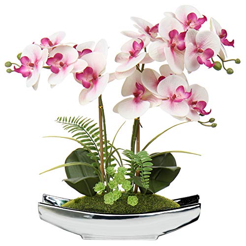 Briful Orchids Artificial Flowers 15" Light Pink Phalaenopsis Orchid with Silver Pots Real Touch Faux Orchid Plant for Home Office Bathroom Living Room Decoration - color: Pink#1
