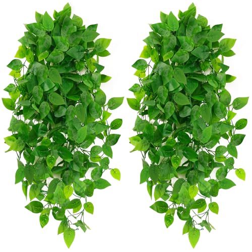 Artificial Hanging Plants, 2pcs Fake Pothos Vine Greenery for Wall Decor - Indoor Outdoor Home Living Room Hanging Decor, No Basket Included
