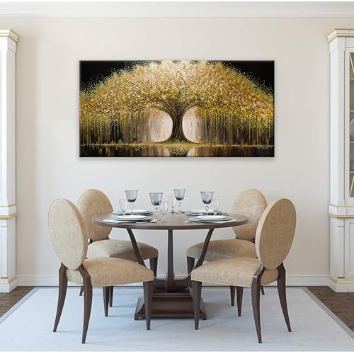 Golden Tree Of Life Wall Art Decor Prints Ready To Hang Room Wall Decor Modern Wall Art For Living Room Kitchen Office Canvas Prints Bedroom Decor 24x48 Inch - color: Yellow Gold, size: 48"L x 24"W