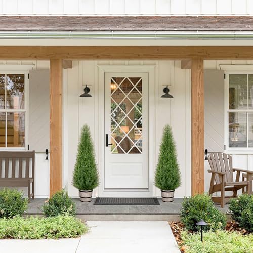 VIVATREES 3FT Artificial Cedar Topiary Trees with Rustic Barrel Planter, Outdoor Indoor Realistic Faux Pine Shrubs Plants, Fake Cypress Trees for Home Offices Porch Decor, Set of 2 - color: Brown, size: 3FT