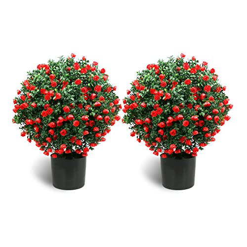 Sunnyglade 21.6” Tall Artificial Rose Topiary Ball Tree Set of 2 Pack Potted Bushes UV Resistant Potted Plants for Indoor Outdoor Home Garden(Red) - color: Red
