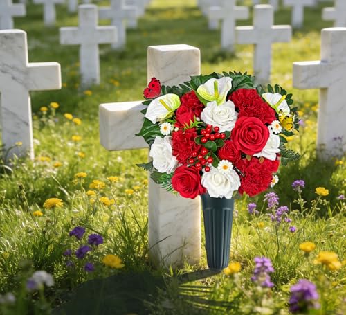 Artificial Cemetery Flowers for Grave,Memorial Flowers Bouquet with Vase for Headstones Decoration,Bright and Vibrant Red Rose Carnation - color: White