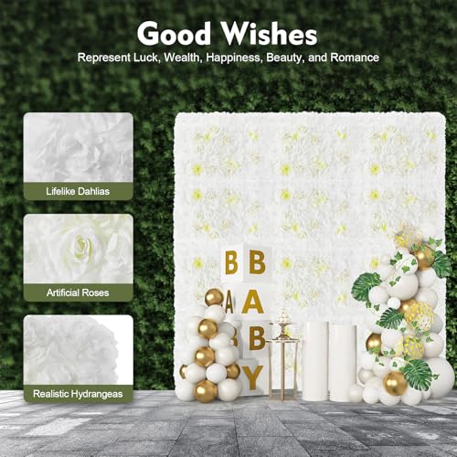 Artificial Flower Wall Panels, Silk Wedding Flower Wall Backdrop Panel, 3D Floral Panel Artificial Floral Wall Mat Flower Screen for Photo Party Wedding Wall Background Decor (12PCS White) - color: 12pcs White