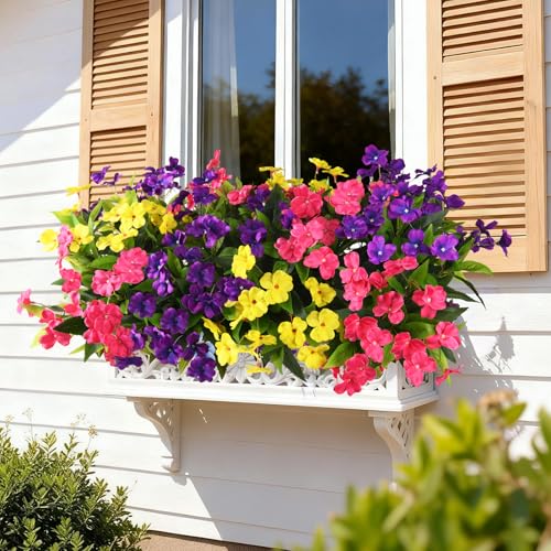 Artificial Impatiens Flowers for Outdoors, 6 Bundles Multicolor Silk Fake Flowers for Spring Summer Decoration, UV Resistant Faux Plants Plastic Bouquet for Home Planter Porch Patio Yard Decor - color: Purple,yellow,pink