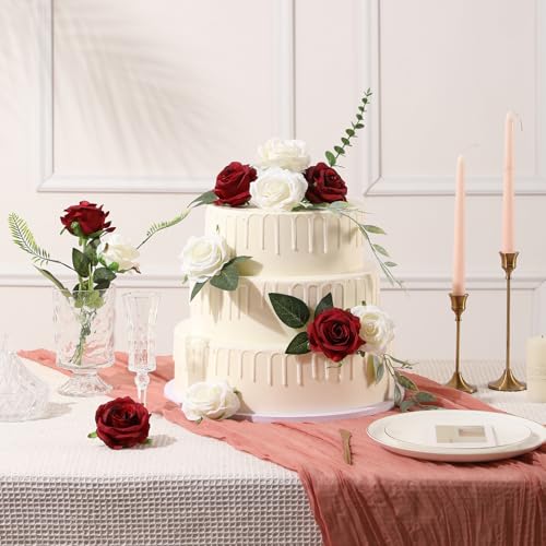Tifuly 12pcs Red Roses Artificial Flowers,Realistic Long Stem Fake Silk Roses Bouquet for Party Home Wedding Centerpiece Office DIY Decor（Burgundy） - color: Burgundy Red