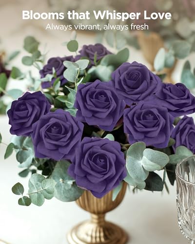 InnoGear Artificial Flowers, 50 Pcs Dusty Purple Foam Fake Roses Bulk with Stems for Decoration DIY Wedding Bouquets Centerpieces Bridal Shower Party Valentines Christmas Tree - color: Dusty Purple