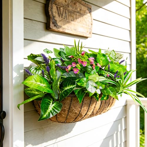 12 Pcs Artificial Plants for Outdoors Faux Greenery Leaves UV Resistant Realistic Plastic Large Bunches Shrubs Bushes with Flowers, Fake Plants Decor Outdoor for Front Porch Door Patio Garden Yard - color: Green Plants With Flowers, size: 12 Pcs