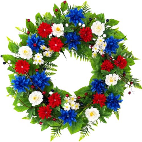 20 Inch Patriotic Wreath for Front Door, Red White Blue Flowers Wreaths with Silk Hydrangea, Daisy & Berry, USA 250th Anniversary Handmade Memorial Decorations, Americana for Porch Wall Window