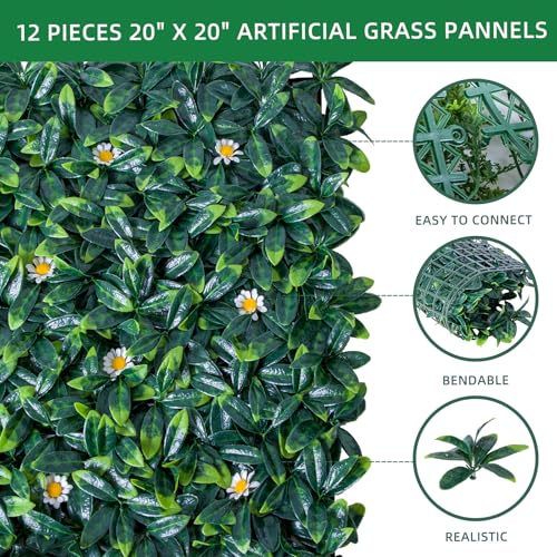 Takywep 12 Pack 20 x 20 Inch Artificial Grass Wall Panels,PE Fake Greenery Privacy Fence for Indoor and Outdoor Decor