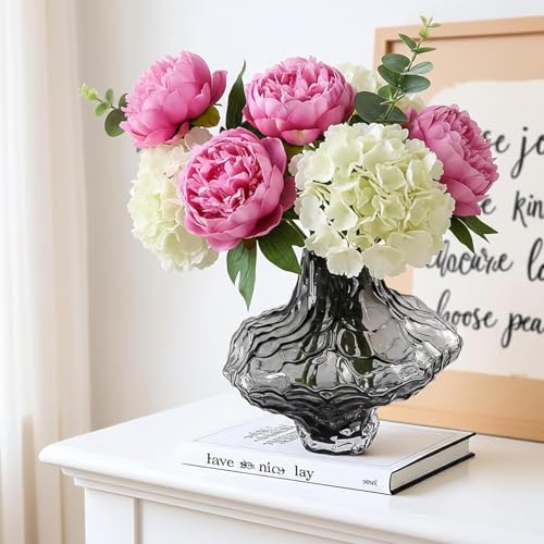 Small Glass Flower Vase for Office Desk and Bookshelf, 6.5" Unique Aesthetic Vase with Thickened Stable Base, Modern Wavy Glass Vase for Small Bouquets, Dining Table Decor, Housewarming Gift (Gray) - color: Gray
