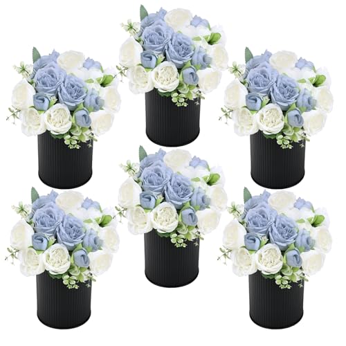 Pre-Made Flower Table Centerpieces, Set of 6 Artificial Silk Peonies with Black Vases for Wedding Reception, Modern Floral Decor for Birthday Party, Anniversary Ceremony - Dusty Blue & White - color: Dusty Blue & White