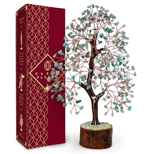 Crystal Tree of Life Birthday Gifts for Women, Men, Handmade Home Decor, Office, Room Decoration, Amazonite Reiki Healing Crystal Chakra Tree for Money, Good Luck Gifts for Her, Mom & Dad - color: Wooden Base Amazonite Crystal Tree