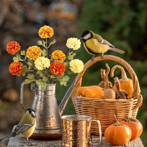 CISDUEO 3 Pcs Artificial Marigold Flowers Artificial Chrysanthemums Ball Flower Orange Silk Mums Flowers Spring Branches for Home Decor Floral Arrangement Table Centerpiece