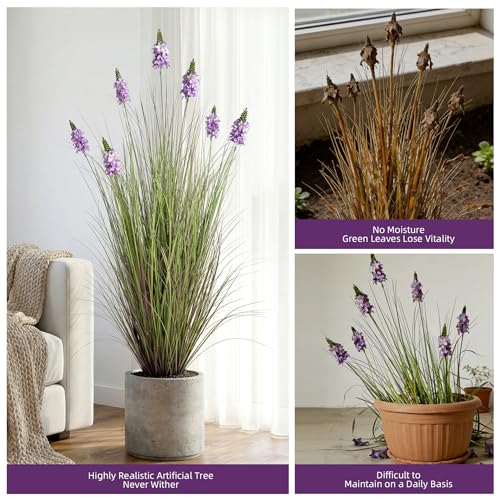 Artificial Plants Indoor Tall Grass Plants with Lilac Flower 47.2InTall Artificial Ornamental Grass Green Onions Outdoor Fake Plants with Black Pot Home Office Decorative (1 Pack,Purple) - color: 1.2m Purple1