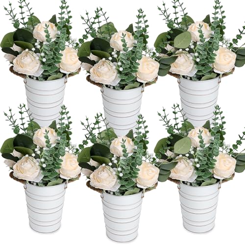6 PCS Wedding Flower Table Centerpieces - 10 Inches Artificial Floral Arrangement with Rustic Tall Metal Vase for Wedding Birthday Party Bridal Baby Shower Event Decorations - Champagne - color: Champagne, size: 6 X Flowers Table Centerpieces