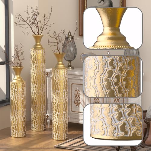 Metal Floor Vases Decorative, Set of 3 Flower Arrangement Stand, Metal Decorative Vase Tall Distressed Metallic Centerpiece Vases with Growing Vine Patterns, 34", 29", 25" H (Antique Gold1) - color: Antique Gold1