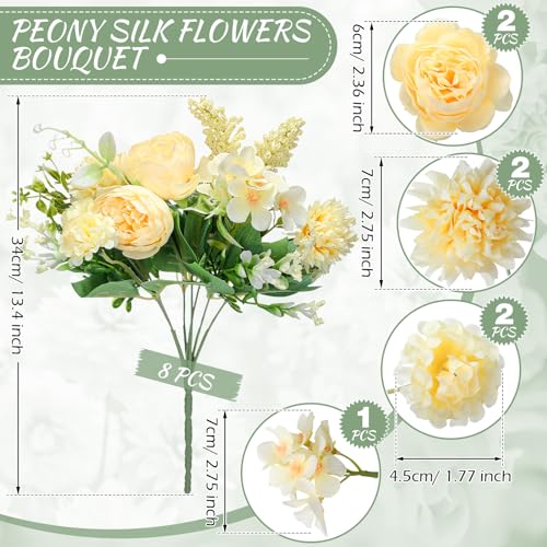 Zeyune 8 Pcs 13.4 Inch Artificial Flowers Bouquet Fake Silk Flowers Faux Bouquet Hydrangea Bouquets for Wedding Birthday Table Centerpieces Home Office Decoration (Peony,Champagne) - color: Champagne, size: Peony