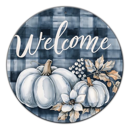 Vintage Pumpkin Welcome Fall Round Metal Sign Pumpkin Sign Farmhouse Rustic Wreath Wall Decoration for Indoor Outdoor Home Porch Window Decor 8 Inch - color: Thanksgiving 10, size: 8 inches