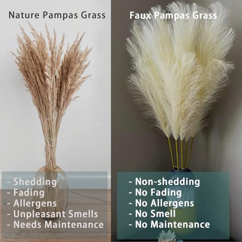 38" 10 Stems Faux Pampas Grass Decor - Tall Pampas Grass for Floor Vase, Boho Home Wedding Mothers Day Decoration (Beige) - color: A-beige