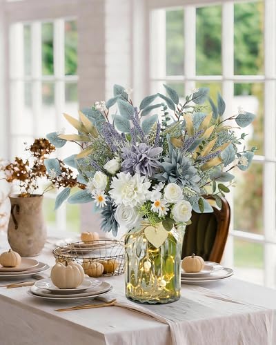 Fake Flowers with Vase, Silk Dusty Blue Rose Hydrangea Lavender Artificial Cemetery Flowers in Vase Faux Dahlia Flowers Arrangement for Table Centerpiece Summer Spring Gravesites Grave Home Decor - color: Dusty Blue White