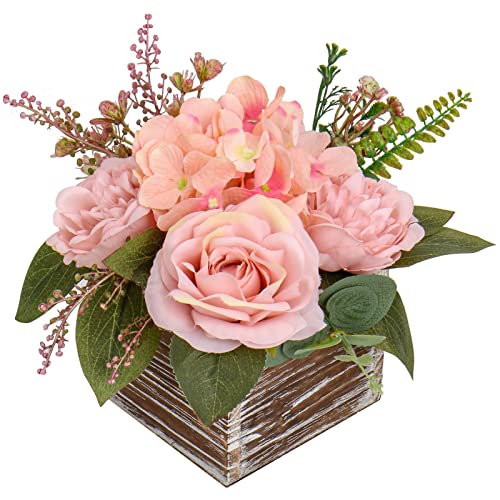 DILATATA Flower Arrangement with Wooden Vase 8" Artificial Flowers in Pot - Fake Flowers Roses Peonies Hydrangeas in Wooden Vase Potted Flower Centerpieces for Table Decor Living Room - Dusty Pink - color: 8"h Dusty Pink