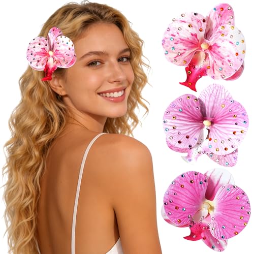 Mesovor 3 Pack Hawaiian Flower Hair Clips, Artificial Tropical Flower Orchid Hair Pin | Rhinestone Hairpins Hair Accessories for Wedding Bridal Beach Party (Pink Moth Orchid) - color: Pink Moth Orchid