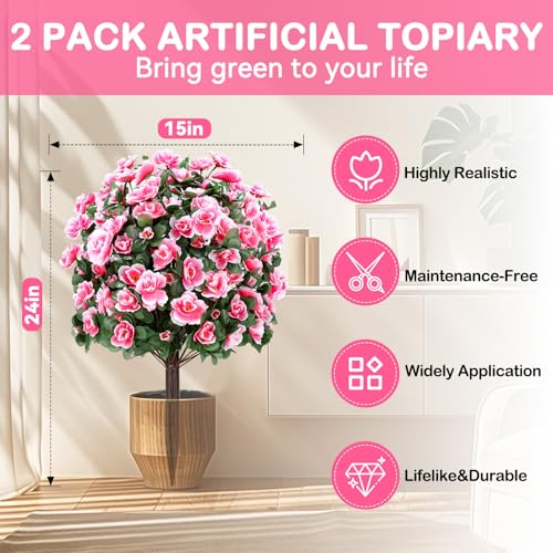 ENVEN Artificial Boxwood Topiary Ball Trees with Ground Spikes UV Resistant Faux Greenery Shrubs Fake Shrubs for Outdoors, Realistic Faux Plants Bushes for Garden Porch Yard Patio Decor (Pink) - color: Pink