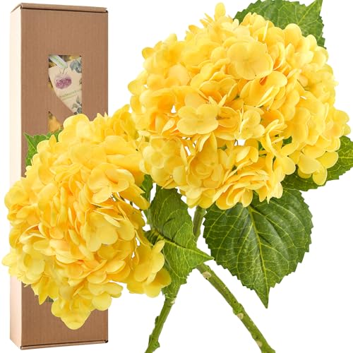 FiveSeasonStuff Real Touch Silk Hydrangea Flowers, 2 Large Long Stem Artificial Flowers for Floral Arrangements (Sunbeam Yellow) - color: Sunbeam Yellow