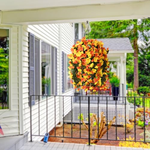 INQCMY Artificial Hanging Flowers Basket for Spring Summer Outdoor Decor,Faux Silk Begonia in Planter Look Real UV Resistant for Porch Home Patio Garden Yard Decoration - color: Orange Yellow