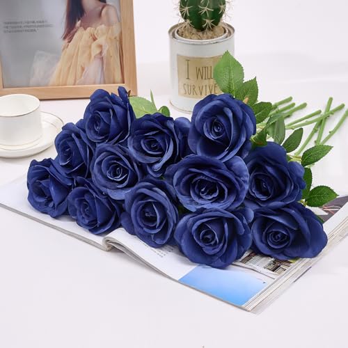 60 PCS Fake Navy Blue Roses Artificial Flowers Bulk Realistic Silk Faux Rose with Stems for Wedding Decoration Anniversary Bridal Bouquet DIY Floral Arrangement Romantic Home Decor Gifts - color: Navy Blue