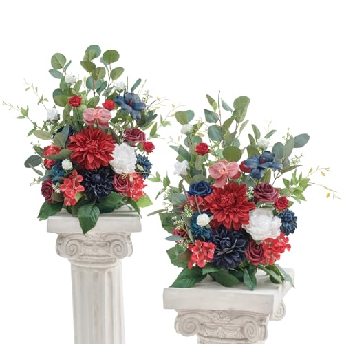 TINGE TIME Free-Standing Artificial Flower, Set of 2, Table Centerpiece with Rubber Pad, Silk Fake Flower for Wedding Centerpiece Archway Aisle Welcome Entrance (Red&NavyBlue) - color: Red&navyblue