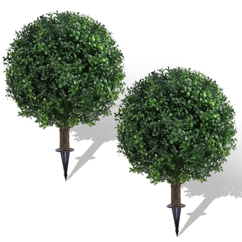 AOKIIE 24" Artificial Boxwood Topiary Bushes UV Resistant for Outdoor 2PCS | Artificial Shrubs with Ground Spike, Fake Outdoor Plants for Indoor & Outdoor Garden, Yard, Porch, Patio - color: Green-boxwood