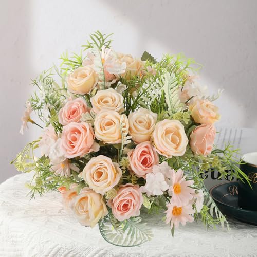 3 Pcs Artificial Rose Flowers Fake Rose Silk Bouquet Plastic Flower Arrangements Wedding Decoration Faux Floral Table Centerpieces Home Decorations(Pink) - color: Pink