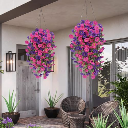 Artificial Hanging Flowers for Outdoors, 6PCS Silk Morning Glory Artificial Flowers, UV Resistant Fake Flower Realistic Faux Plants for Home Patio Porch Garden Basket Decor (Purple+Fuchsia) - color: Purple+fuchsia