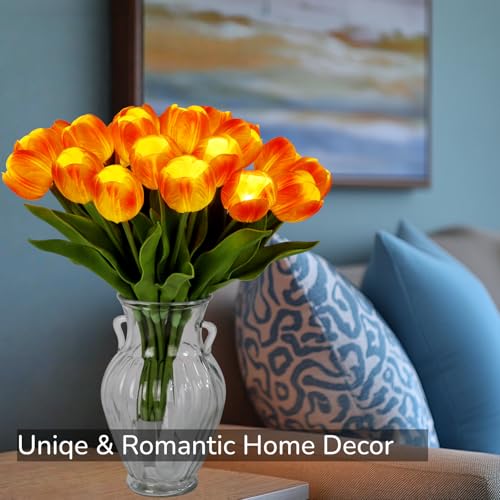 HOMESEASONS 20 Stems LED Lighted Artificial Flowers Tulip Lamp Real Touch Tulips Faux Flower Lights for Valentine's Day and Easter Home Kitchen Wedding Dining Table Decor(Orange) - color: Orange